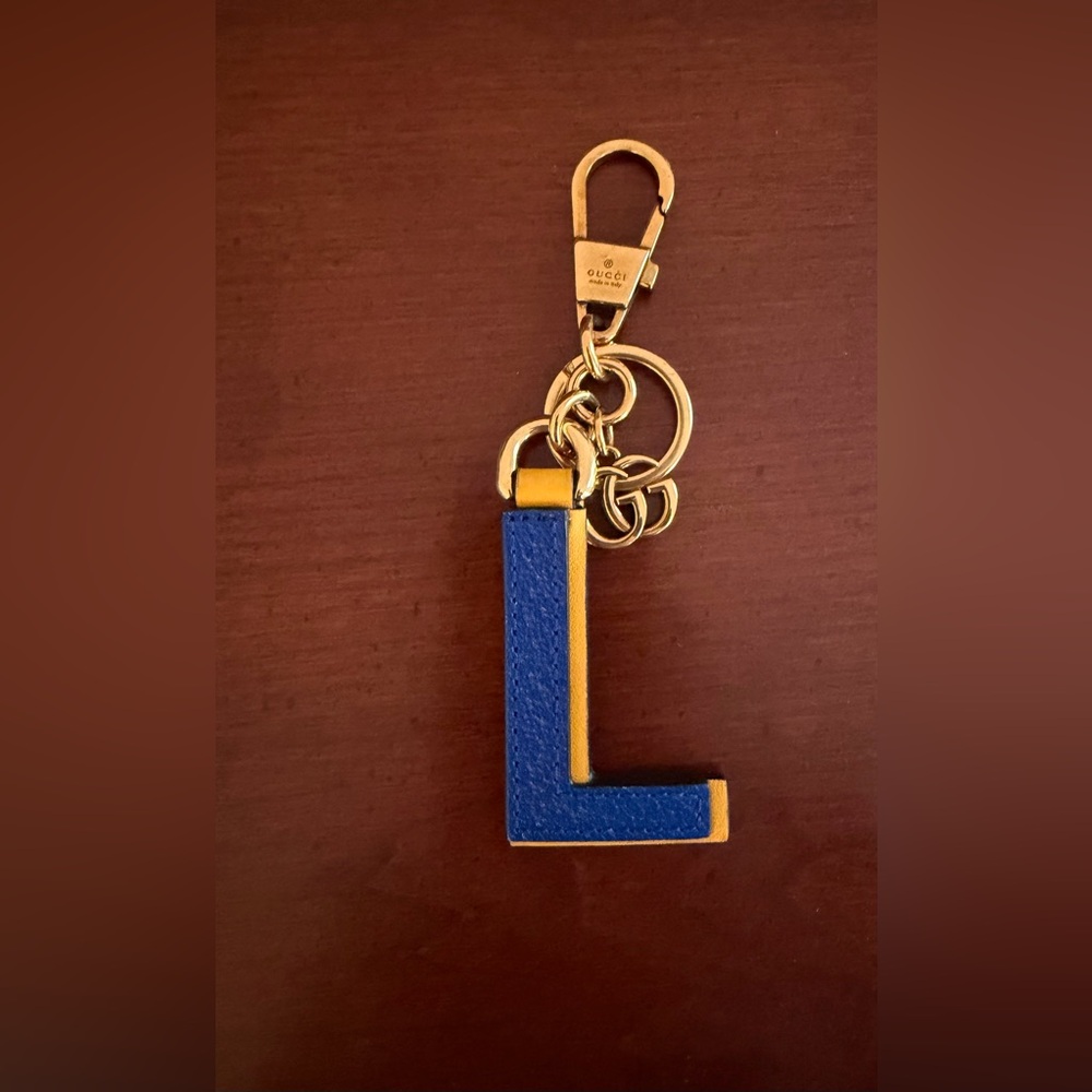 Gucci Blue and Yellow Leather 'L' Key Charm with Gold Hardware